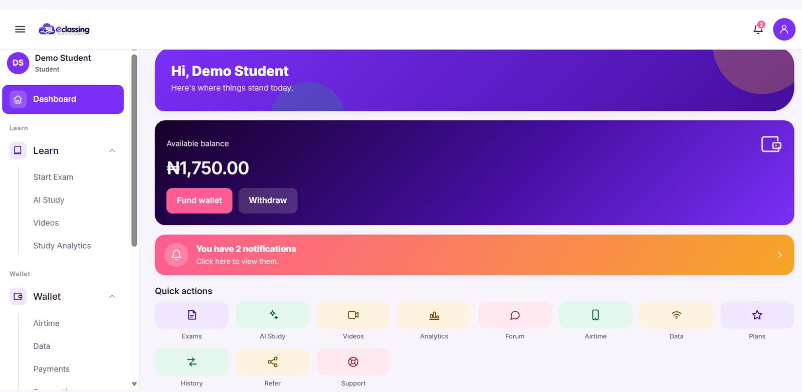 EClassing student dashboard