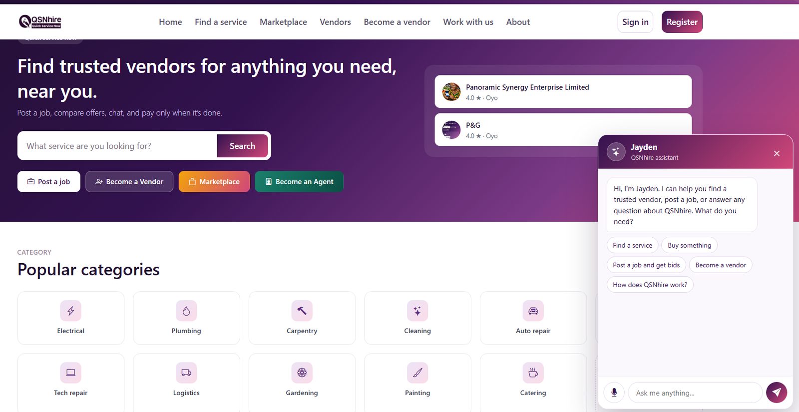 QSNHire homepage with AI search
